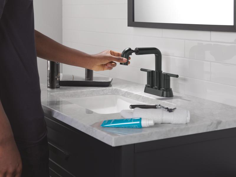 DELTA Nicoli Two Handle Centerset Pull-Down Bathroom Faucet — Matte Black