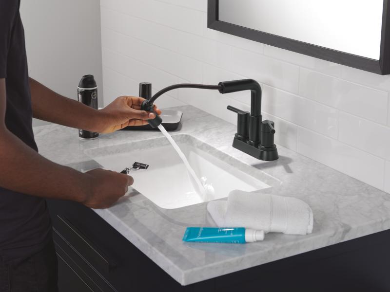 DELTA Nicoli Two Handle Centerset Pull-Down Bathroom Faucet — Matte Black