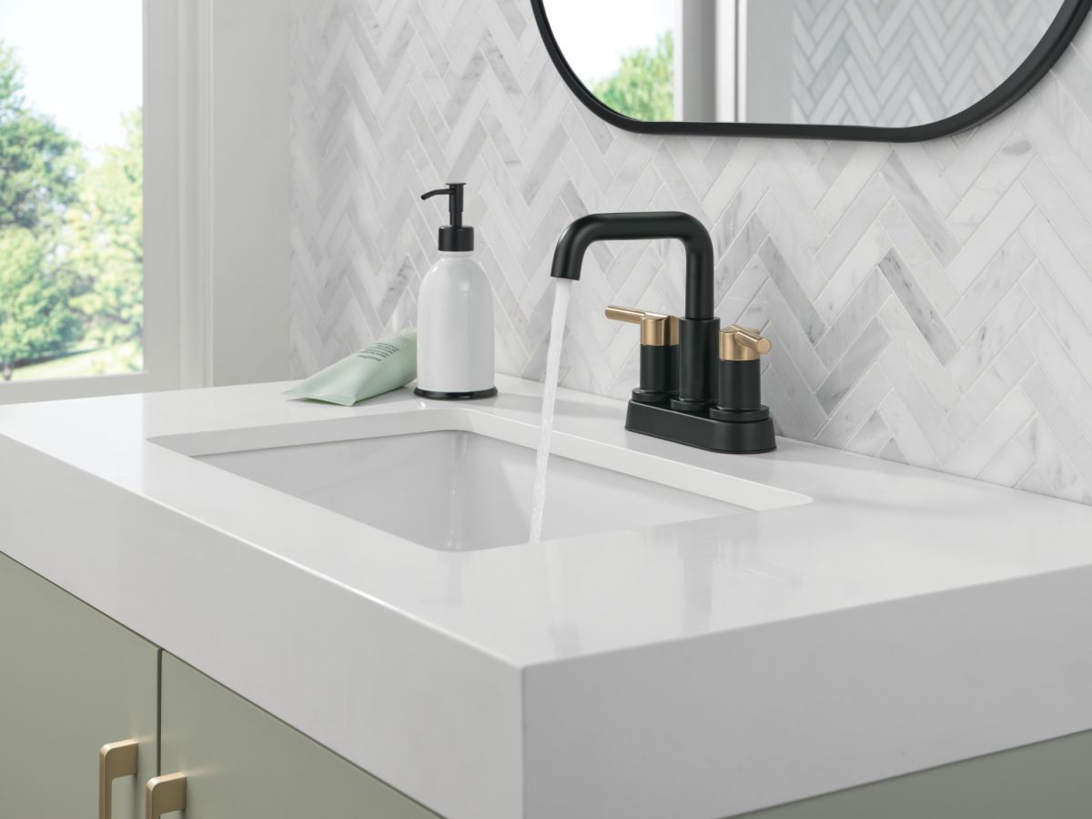 DELTA Nicoli Two Handle Centerset Bathroom Faucet — Matte Black / Champagne Bronze