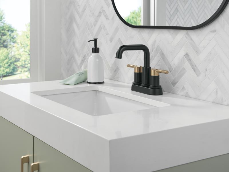 DELTA Nicoli Two Handle Centerset Bathroom Faucet — Matte Black / Champagne Bronze