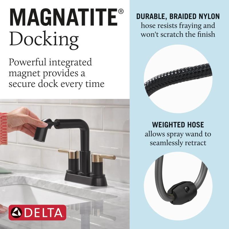 DELTA Nicoli Two Handle Centerset Pull-Down Bathroom Faucet — Matte Black / Champagne Bronze