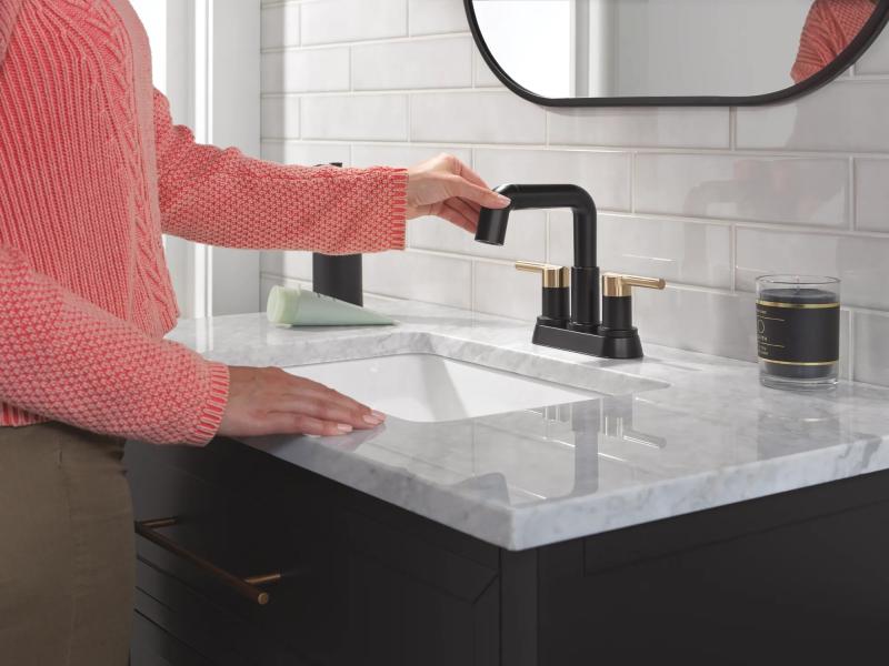DELTA Nicoli Two Handle Centerset Pull-Down Bathroom Faucet — Matte Black / Champagne Bronze
