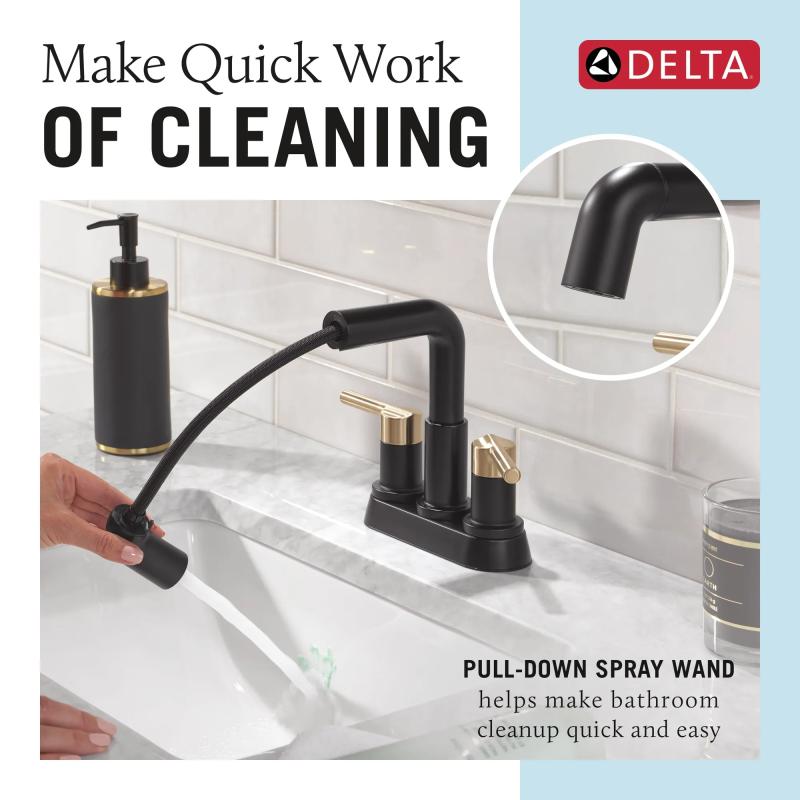DELTA Nicoli Two Handle Centerset Pull-Down Bathroom Faucet — Matte Black / Champagne Bronze