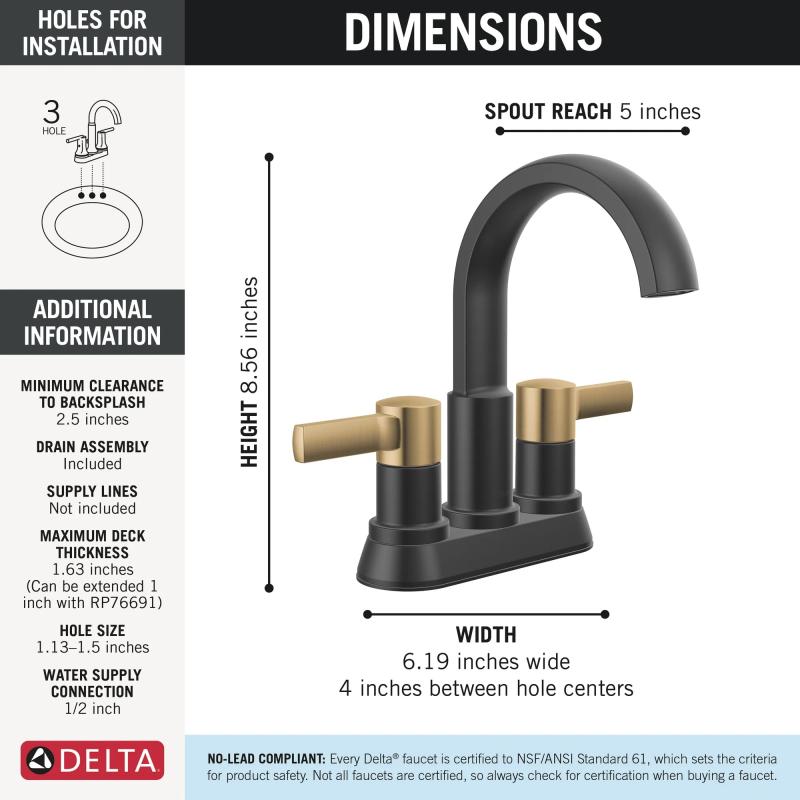 DELTA Albion  Two Handle Centerset Bathroom Faucet — Matte Black / Champagne Bronze
