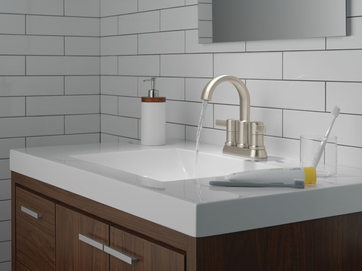 DELTA Albion  Two Handle Centerset Bathroom Faucet — Spotshield Brushed Nickel