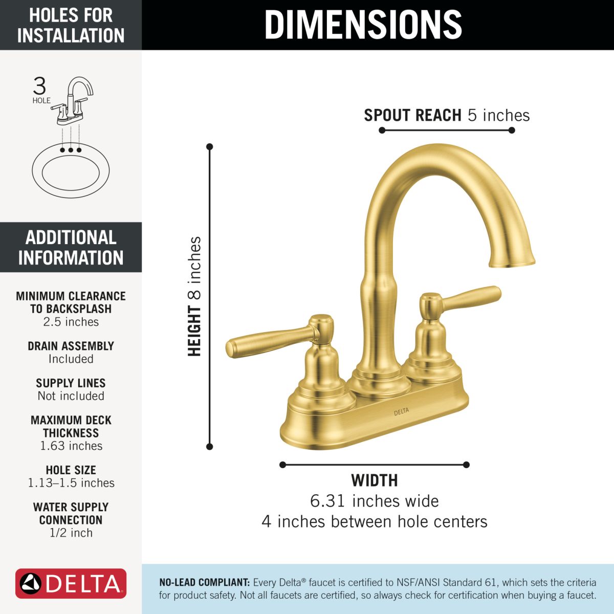 DELTA Roe Two Handle Centerset Bathroom Faucet — Brushed Gold