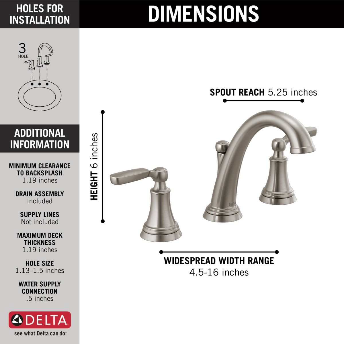 DELTA Woodhurst Two Handle Widespread Bathroom Faucet — Stainless