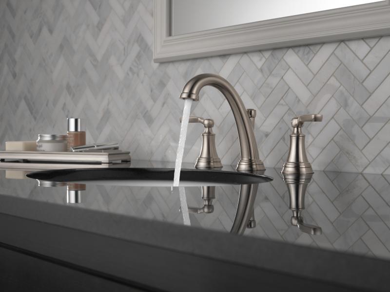 DELTA Woodhurst Two Handle Widespread Bathroom Faucet — Stainless