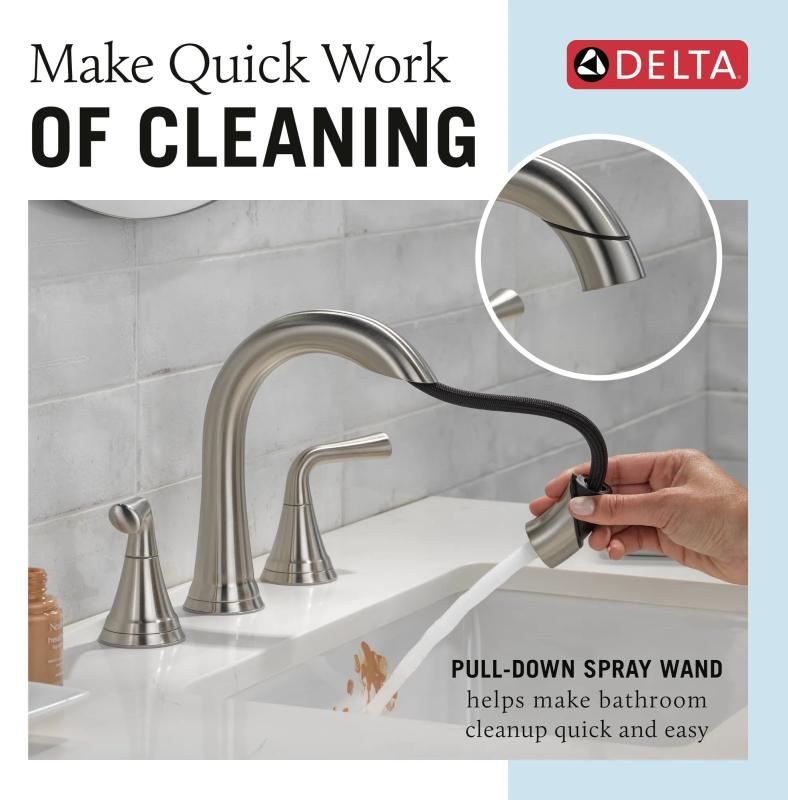 DELTA Kayra Two Handle Widespread Pull-Down Bathroom Faucet — Stainless
