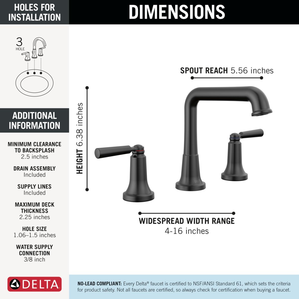 DELTA Saylor Two Handle Widespread Bathroom Faucet — Matte Black