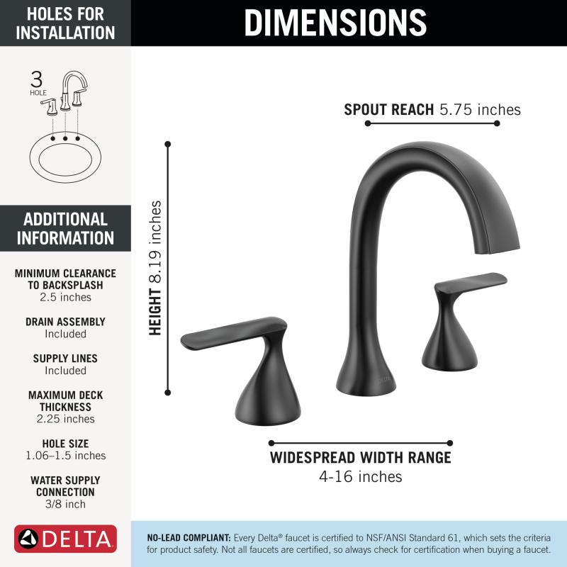 DELTA Bonacci Two Handle Widespread Bathroom Faucet — Matte Black