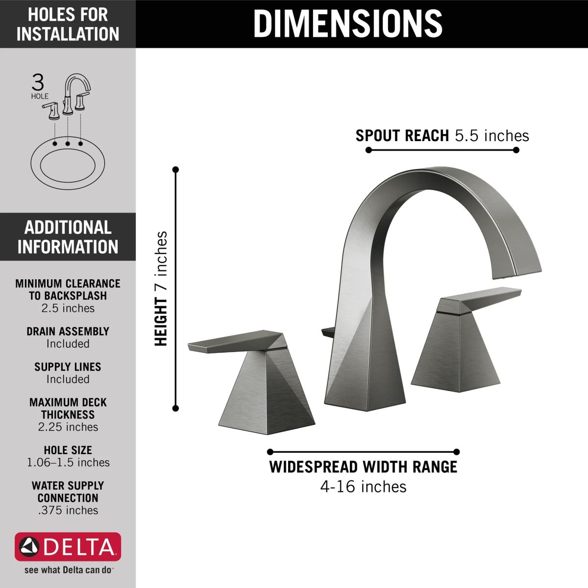 DELTA Trillian Two Handle Widespread Bathroom Faucet — Lumicoat® Black Stainless