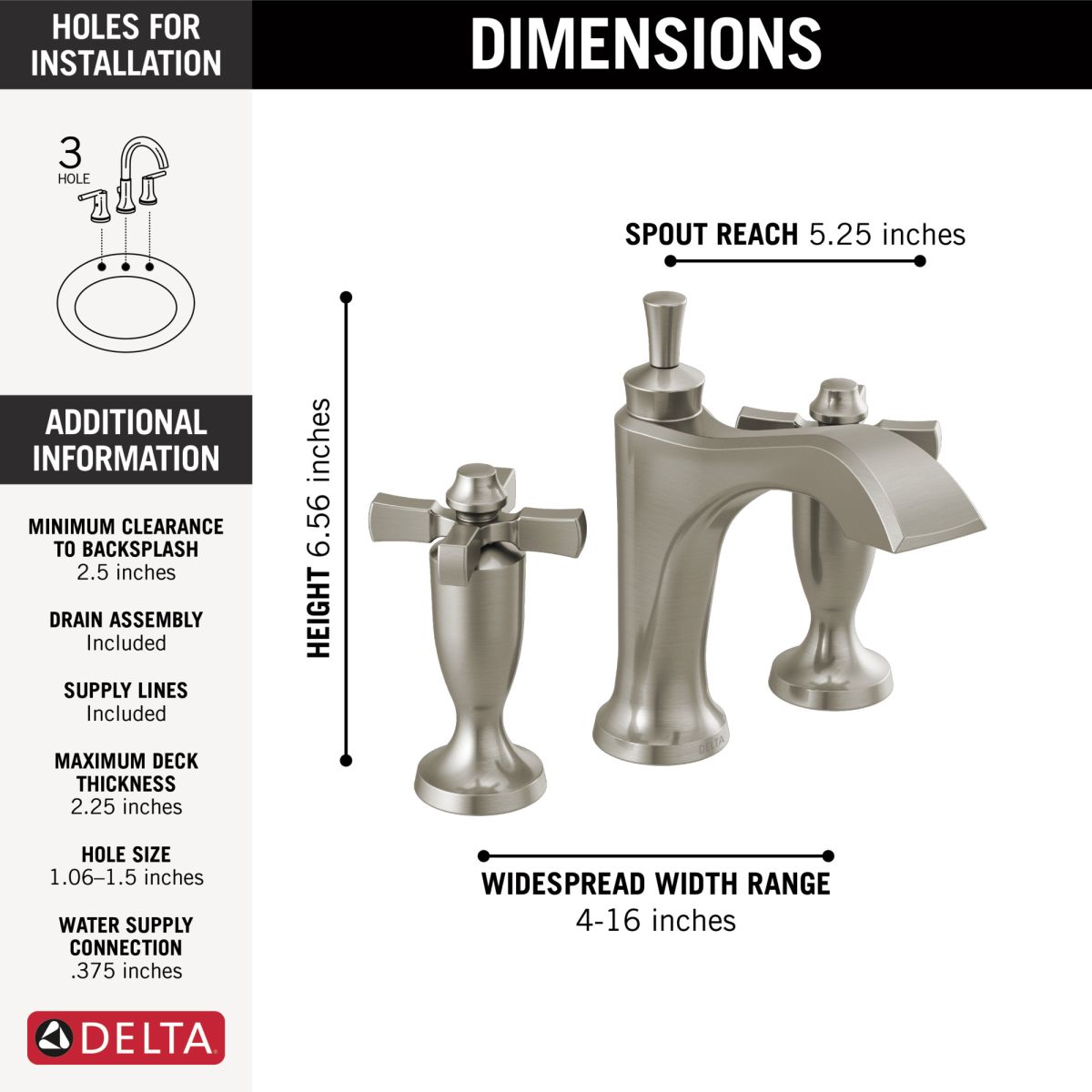 DELTA Dorval Two Handle Widespread Bathroom Faucet — Stainless