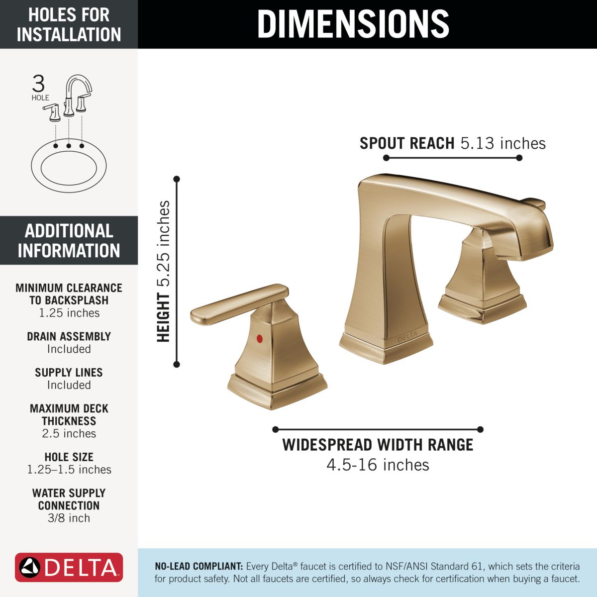DELTA Ashlyn Two Handle Widespread Bathroom Faucet with EZ Anchor — Champagne Bronze