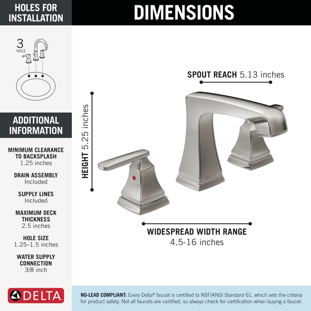 DELTA Ashlyn Two Handle Widespread Bathroom Faucet with EZ Anchor — Stainless