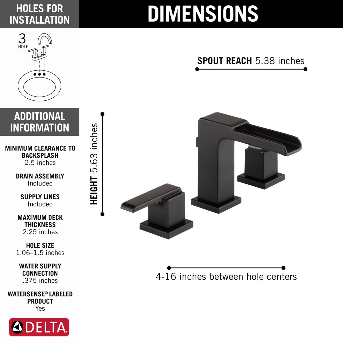 DELTA Ara Two Handle Widespread Channel Bathroom Faucet — Matte Black