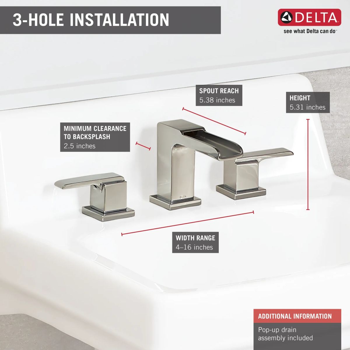 DELTA Ara Two Handle Widespread Channel Bathroom Faucet — Chrome