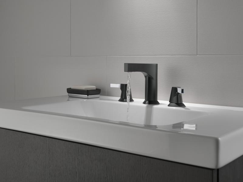 DELTA Zura Two Handle Widespread Bathroom Faucet — Chrome / Matte Black