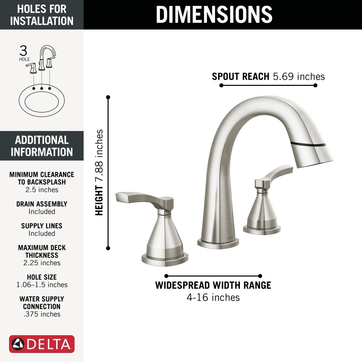 DELTA Stryke Two Handle Widespread Pull Down Bathroom Faucet — Lumicoat® Stainless