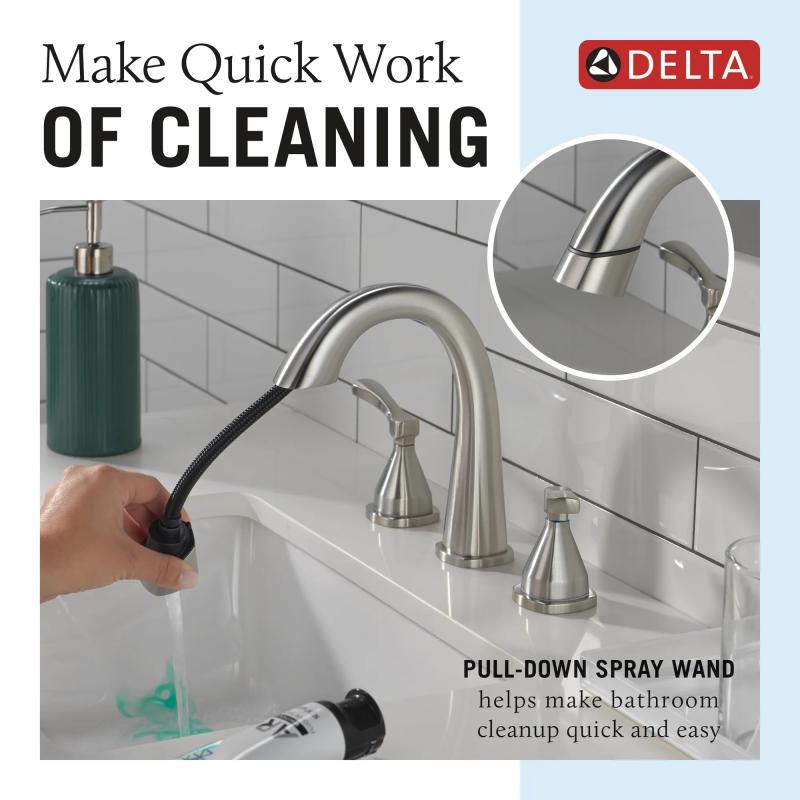 DELTA Stryke Two Handle Widespread Pull Down Bathroom Faucet — Lumicoat® Stainless