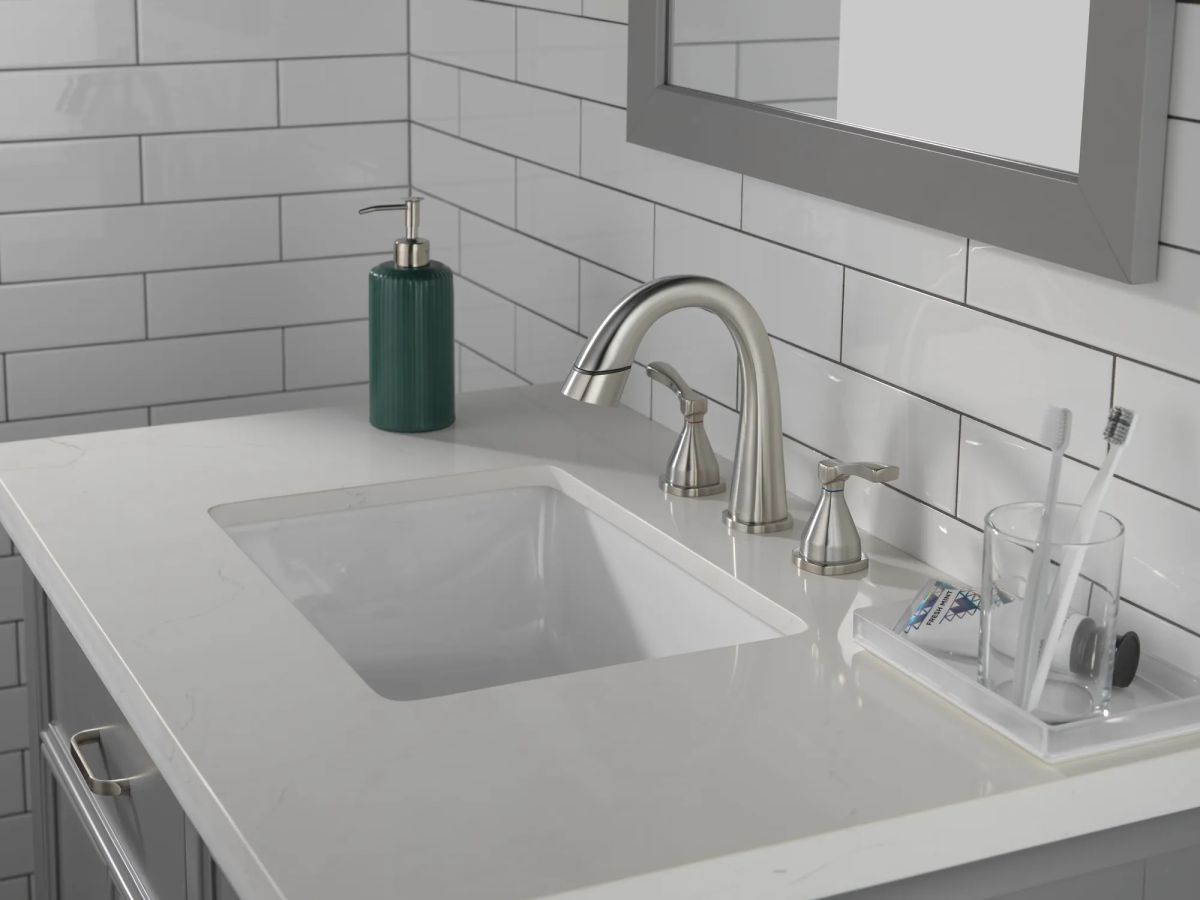 DELTA Stryke Two Handle Widespread Pull Down Bathroom Faucet — Lumicoat® Stainless