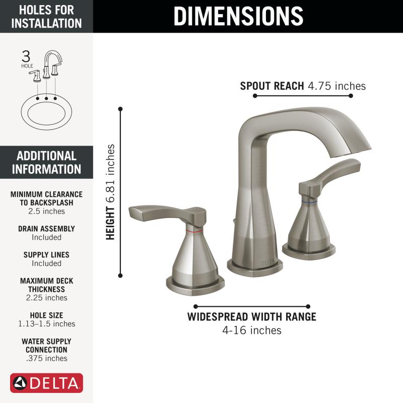 DELTA Stryke Two Handle Widespread Bathroom Faucet — Lumicoat® Stainless