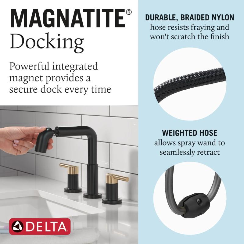 DELTA Nicoli Two Handle Widespread Pull-Down Bathroom Faucet — Matte Black / Champagne Bronze
