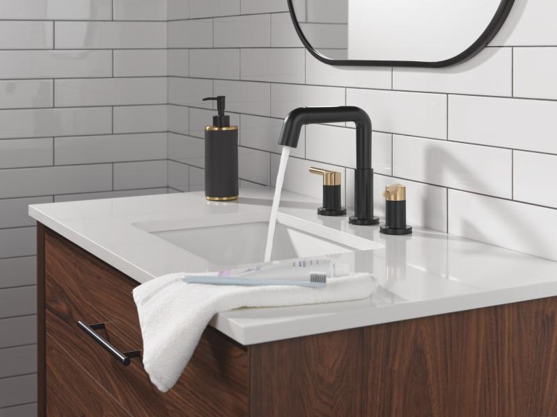 DELTA Nicoli Two Handle Widespread Pull-Down Bathroom Faucet — Matte Black / Champagne Bronze