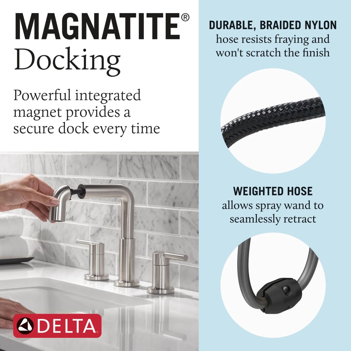 DELTA Nicoli Two Handle Widespread Pull-Down Bathroom Faucet — Stainless