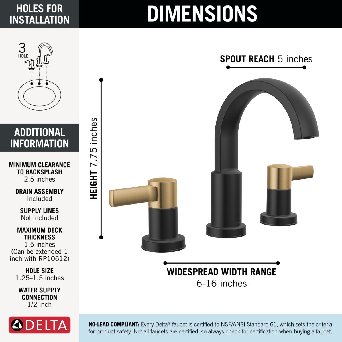 DELTA Albion  Two Handle Widespread Bathroom Faucet — Matte Black / Champagne Bronze
