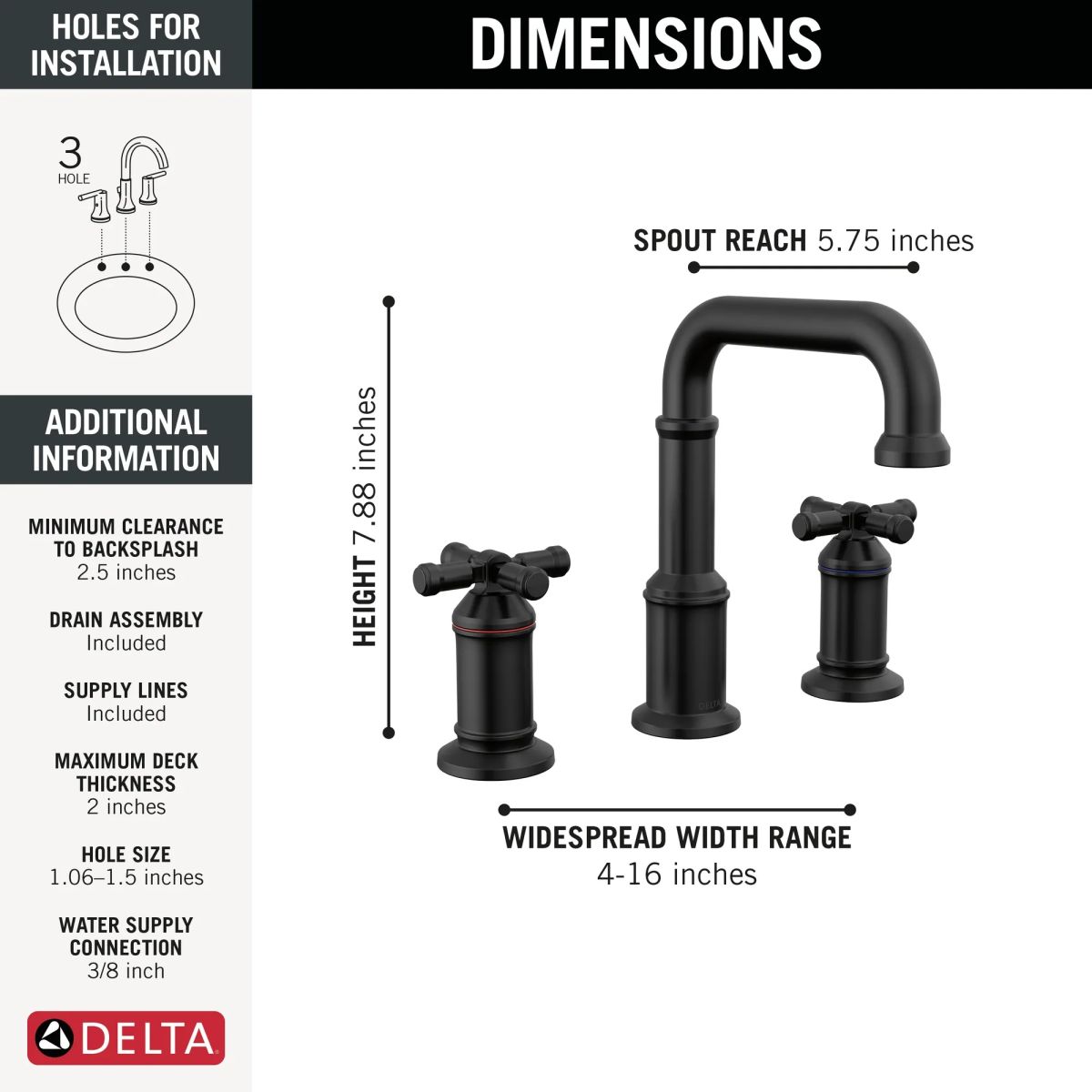 DELTA Broderick Two Handle Widespread Bathroom Faucet — Matte Black