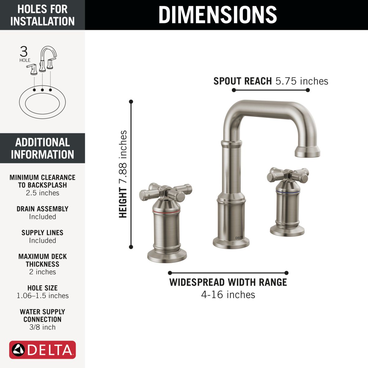 DELTA Broderick Two Handle Widespread Bathroom Faucet — Lumicoat® Stainless