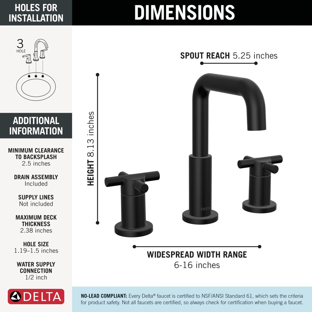 DELTA Nicoli Two Handle Widespread Bathroom Faucet — Matte Black