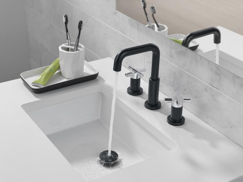 DELTA Nicoli Two Handle Widespread Bathroom Faucet — Matte Black / Chrome