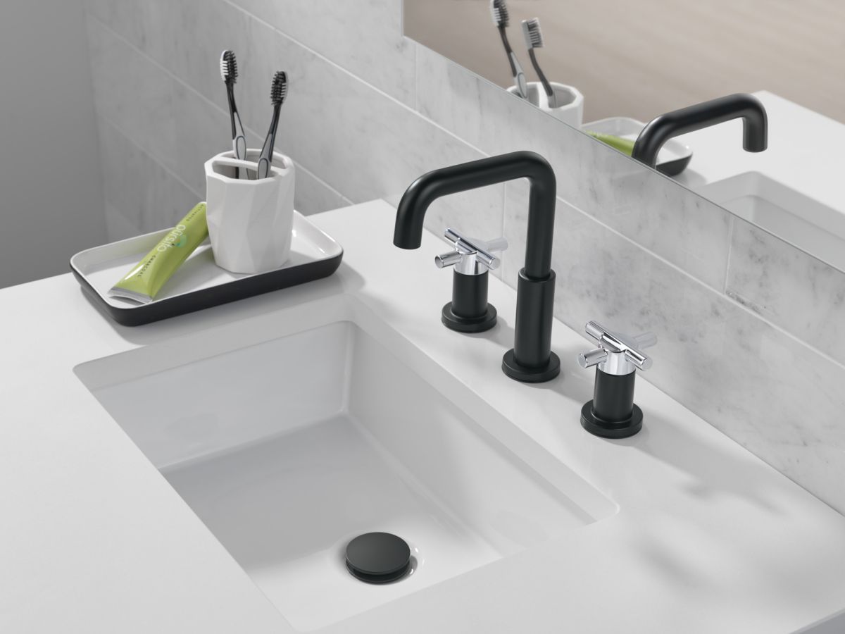 DELTA Nicoli Two Handle Widespread Bathroom Faucet — Matte Black / Chrome