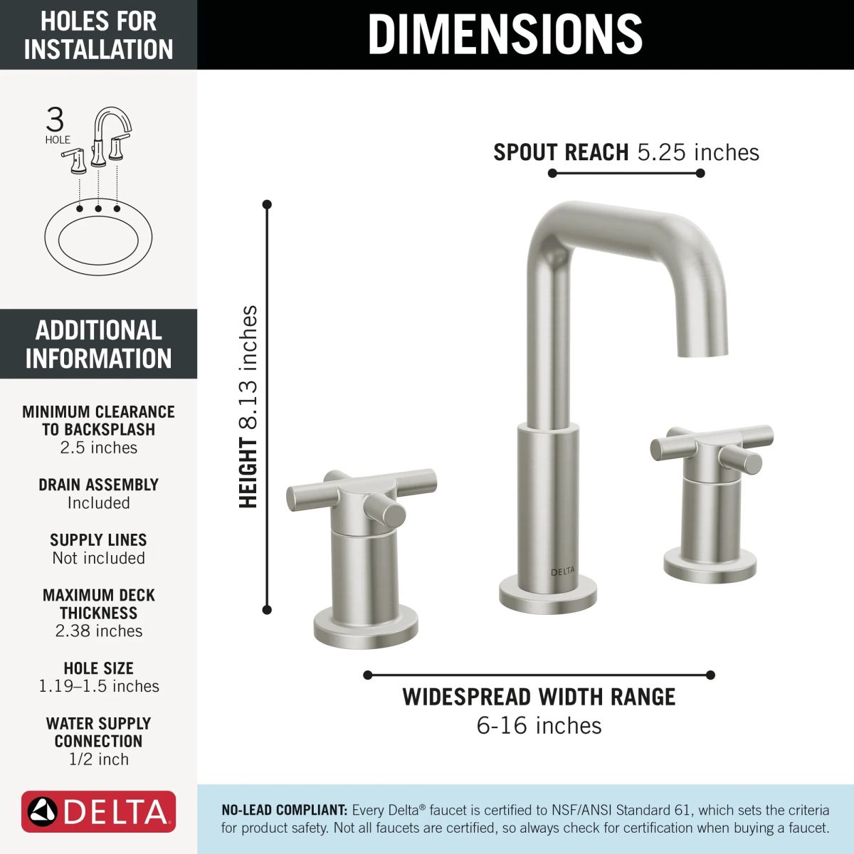 DELTA Nicoli Two Handle Widespread Bathroom Faucet — Stainless