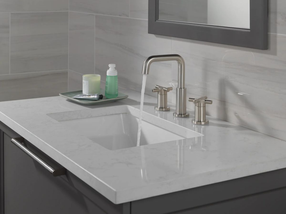 DELTA Nicoli Two Handle Widespread Bathroom Faucet — Stainless