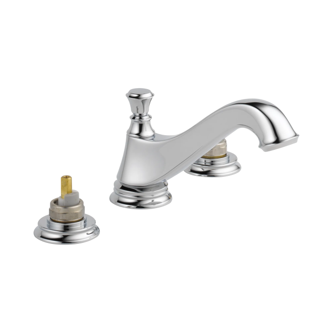 DELTA Cassidy Two Handle Widespread Bathroom Faucet - Low Arc Spout - Less Handles — Chrome