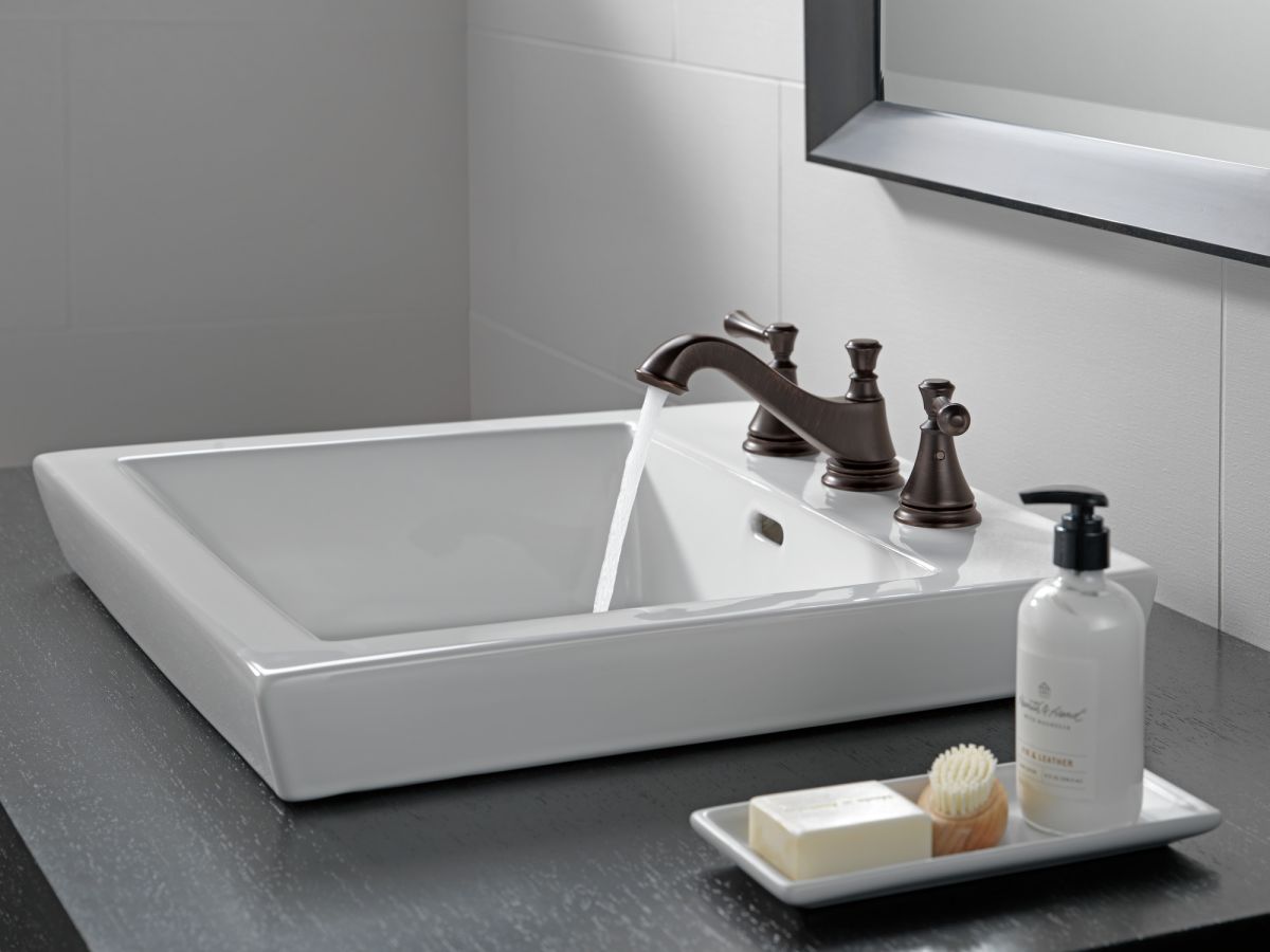 DELTA Cassidy Two Handle Widespread Bathroom Faucet - Low Arc Spout - Less Handles — Venetian Bronze