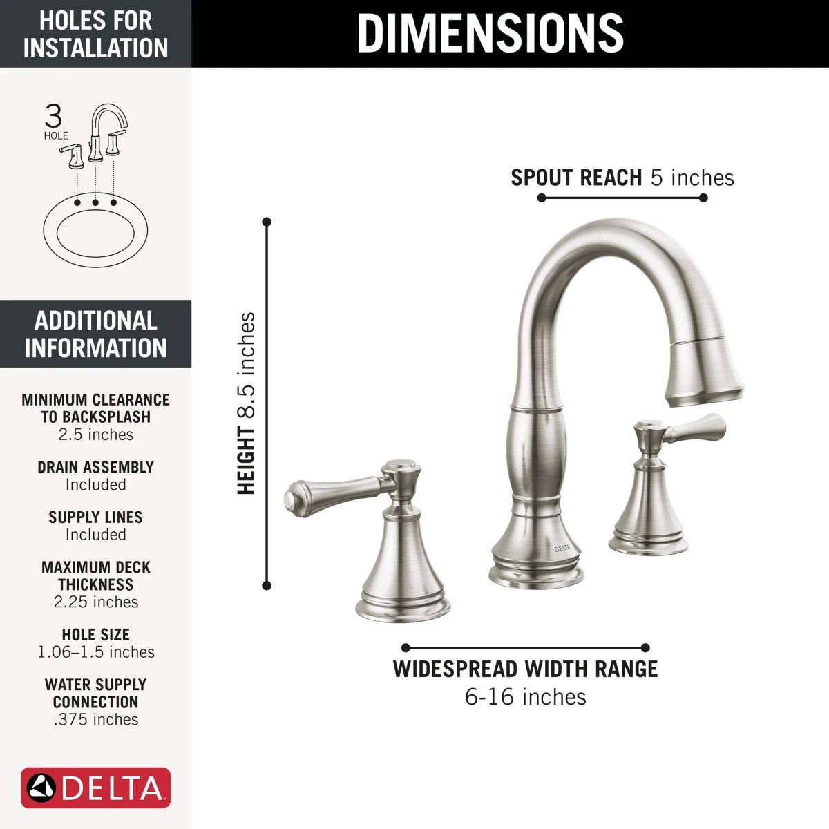 DELTA Cassidy Two Handle Widespread Pull Down Bathroom Faucet — Stainless