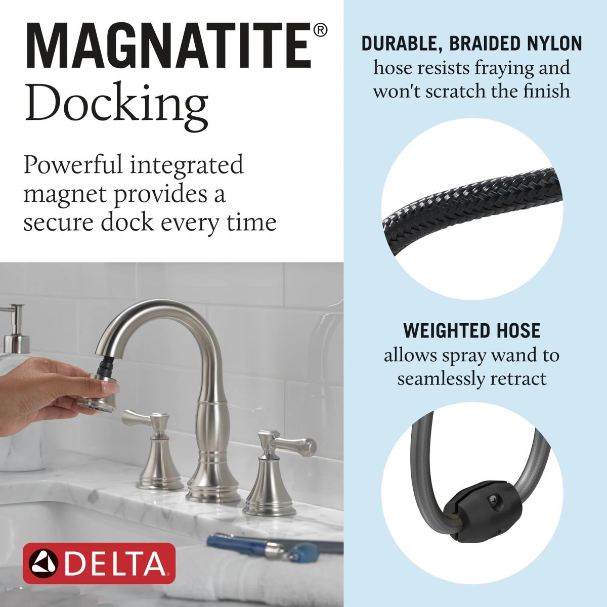 DELTA Cassidy Two Handle Widespread Pull Down Bathroom Faucet — Stainless