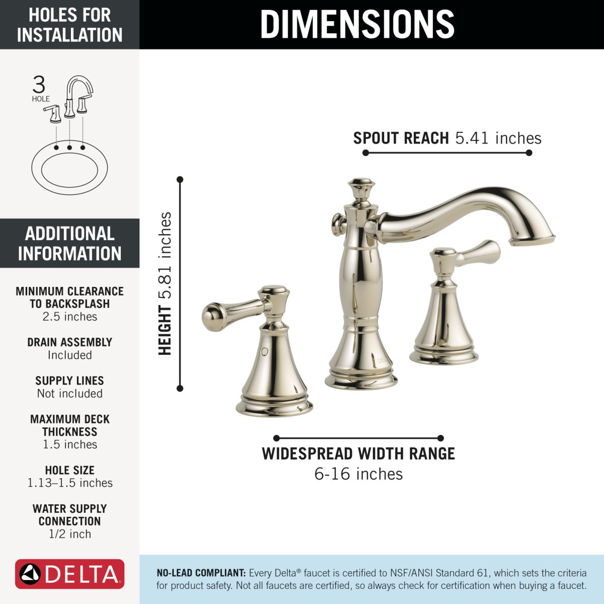 DELTA Cassidy Two Handle Widespread Bathroom Faucet — Polished Nickel
