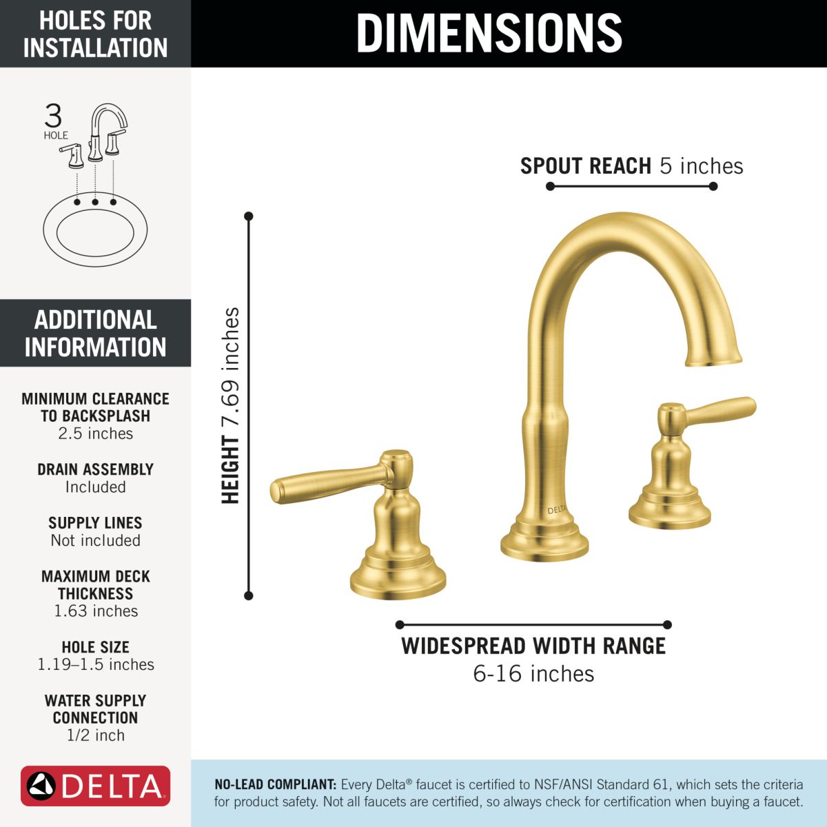 DELTA Roe Two Handle Widespread Bathroom Faucet — Brushed Gold