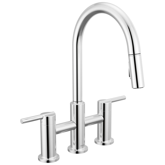 DELTA Nicoli Two Handle Pull-Down Bridge Kitchen Faucet — Chrome