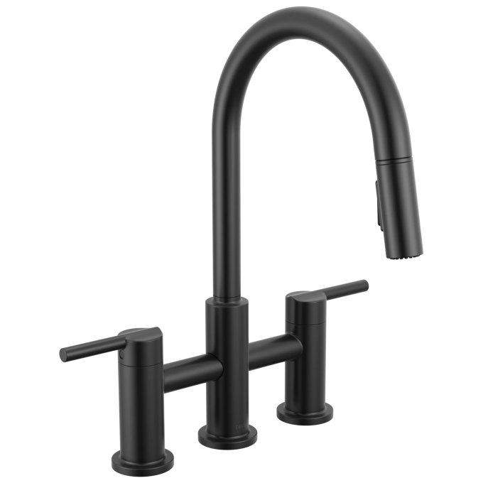 DELTA Nicoli Two Handle Pull-Down Bridge Kitchen Faucet — Matte Black