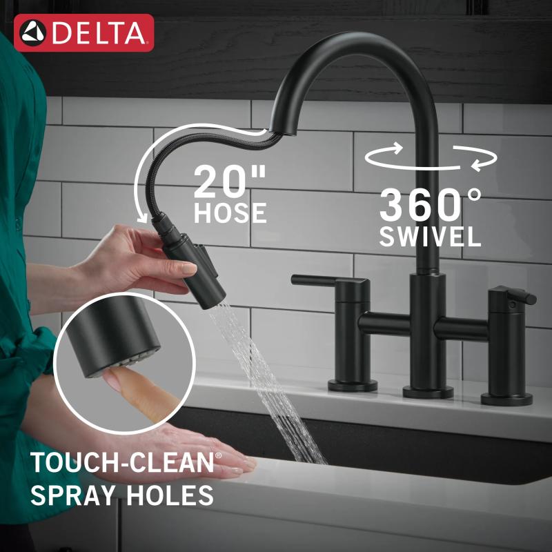 DELTA Nicoli Two Handle Pull-Down Bridge Kitchen Faucet — Matte Black