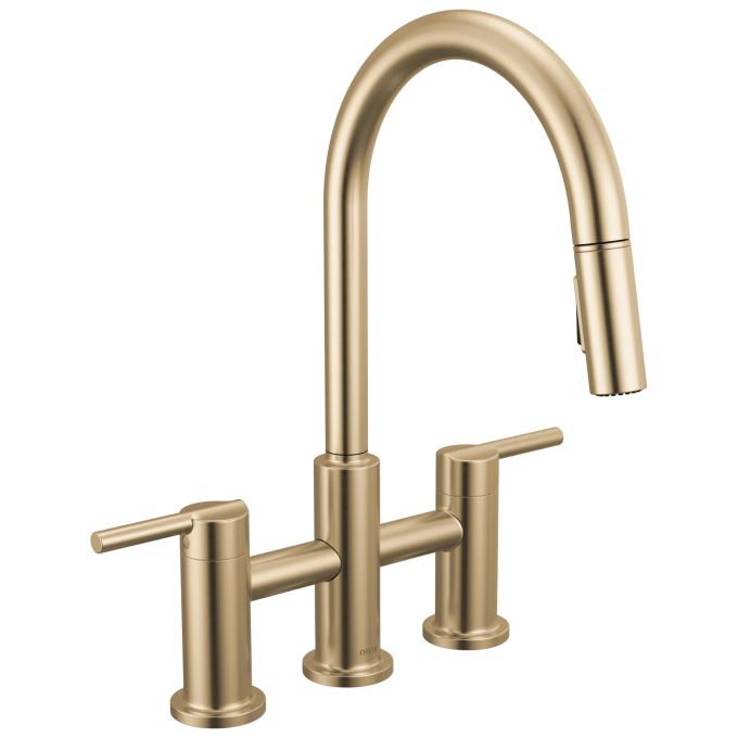 DELTA Nicoli Two Handle Pull-Down Bridge Kitchen Faucet — Champagne Bronze