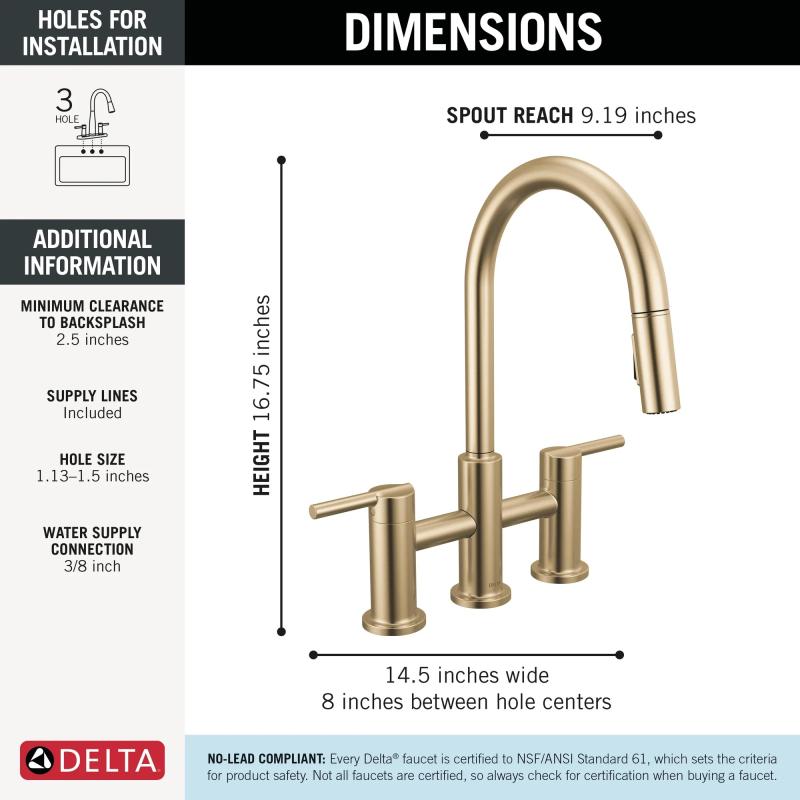 DELTA Nicoli Two Handle Pull-Down Bridge Kitchen Faucet — Champagne Bronze