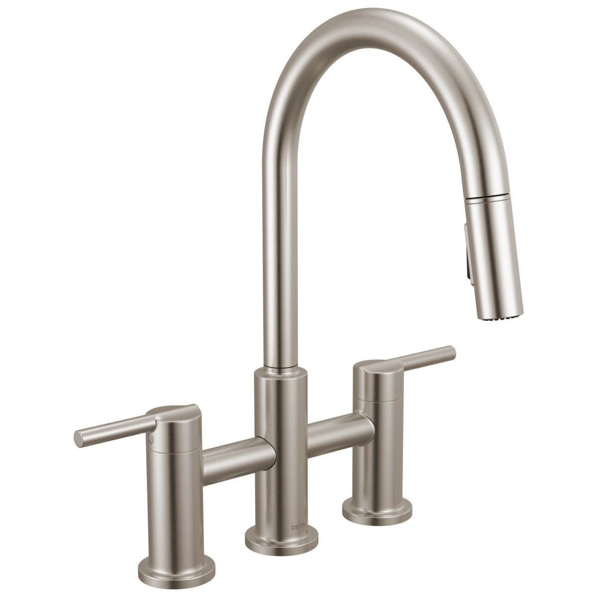 DELTA Nicoli Two Handle Pull-Down Bridge Kitchen Faucet — Stainless