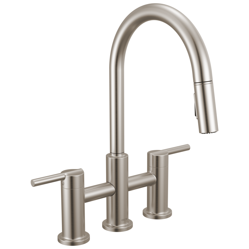 DELTA Nicoli Two Handle Pull-Down Bridge Kitchen Faucet — Stainless